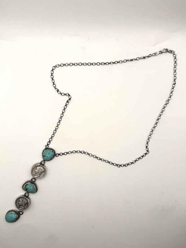 J. FRANK RED MOUNTAIN TURQUOISE DIME NATIVE HANDMADE ADJUSTABLE LARIAT 22" (LL 1)