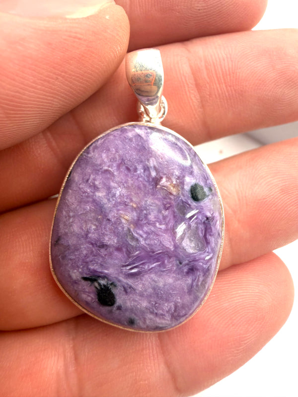 STERLING SILVER CHAROITE PENDANT 1.5" (JR 118)