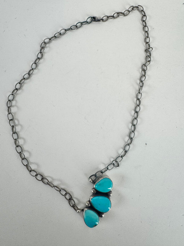 NATIVE HANDMADE BLUE GLACIER TURQUOISE CLUSTER ADJUSTABLE NECKLACE STAMPED T. (CO 48)