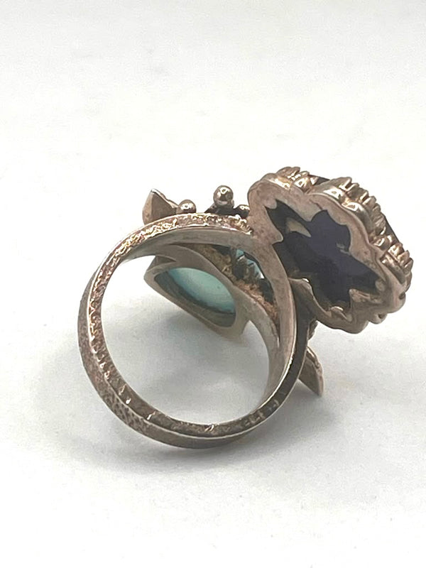 STERLING SILVER LAPIS DOUBLET & CHALCEDONY FLOWER RING SIZE 8 (MK 12)