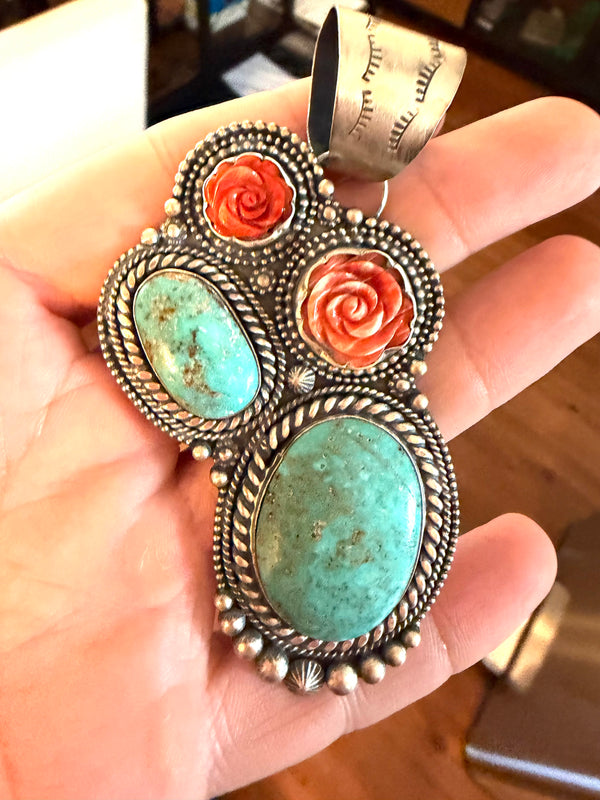 STERLING SILVER STATEMENT CACTUS PENDANT IN KINGMAN TURQUOISE & ORANGE SPINY OYSTER BY SHAY PFEIFFER (MW 458)