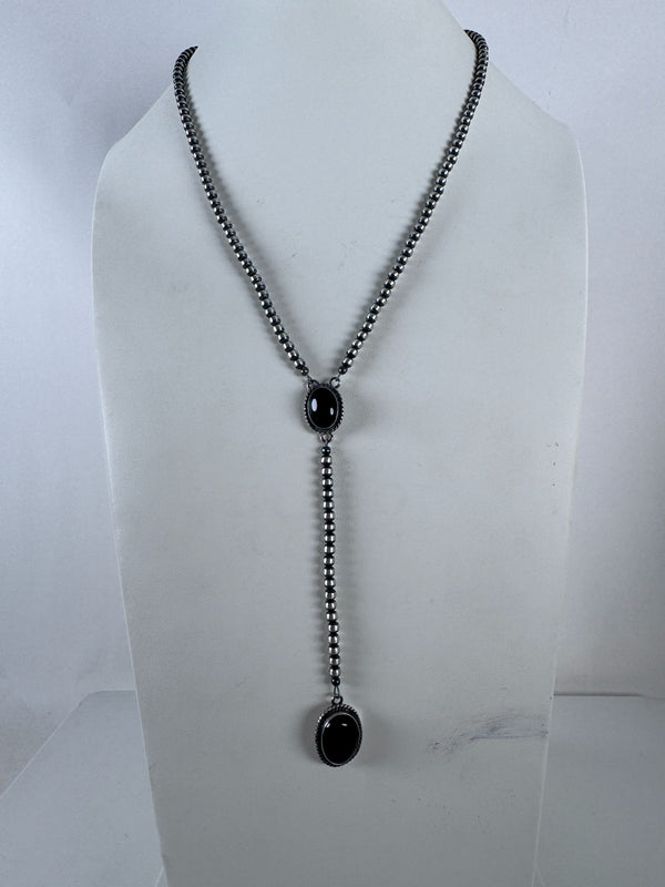 NAVAJO HANDMADE BLACK ONYX LARIAT STAMPED BY A. (MW 282)