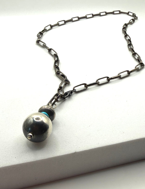 GRADUATED NAVAJO PEARLS & KINGMAN TURQUOISE BEADED ADJUSTABLE GUNMETAL NECKLACE 21" (JR 117)