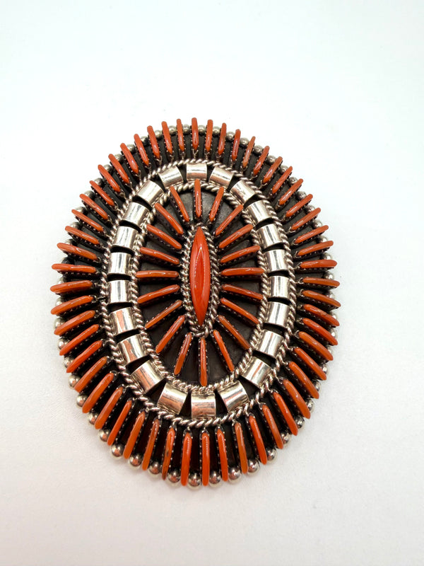 NATIVE HANDMADE MEDITERRANEAN CORAL NEDDLE POINT OVAL PIN & PENDANT BY EDMUND COOYEATE 2 1/8" (MW 448)