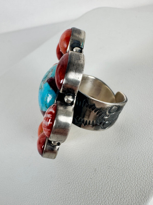 NATIVE HANDMADE MULTISTONES COMPOSITE & RED SPINY OYSTER CLUSTER ADJUSTABLE STATEMENT RING BY TONY YAZZIE (LB 5)
