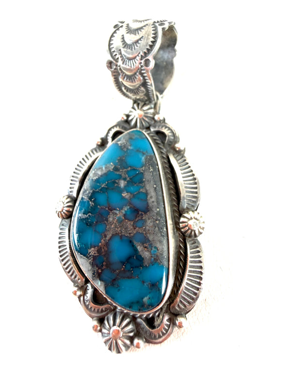 AAA HIGH GRADE KINGMAN TURQUOISE NAVAJO HANDMADE PENDANT BY BENNY RAMONE 2.5" (AM 1)