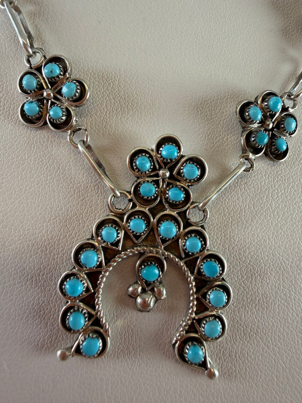 ZUNI HANDMADE SLEEPING BEAUTY TURQUOISE NEEDLE POINT NECKLACE (ADJUSTABLE 18")  BY ARTIST ROSE MARY JAMES (RN 8)