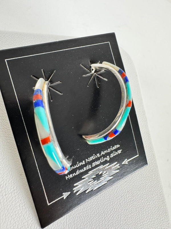 NATIVE HANDMADE JEANETTE CHAVEZ MULTISTONES INLAY HOOP EARRINGS