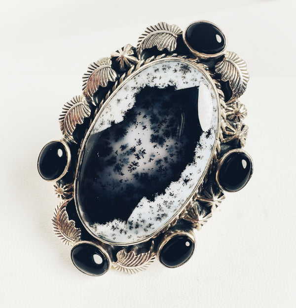 BLACK ONYX & DENDRITIC AGATE ADJUSTABLE RING (MW 193)