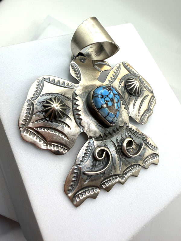 NATIVE HANDMADE CHINMEY BUTTE GOLDEN HILLS THUNDERBIRD PENDANT 4" (NP 15)