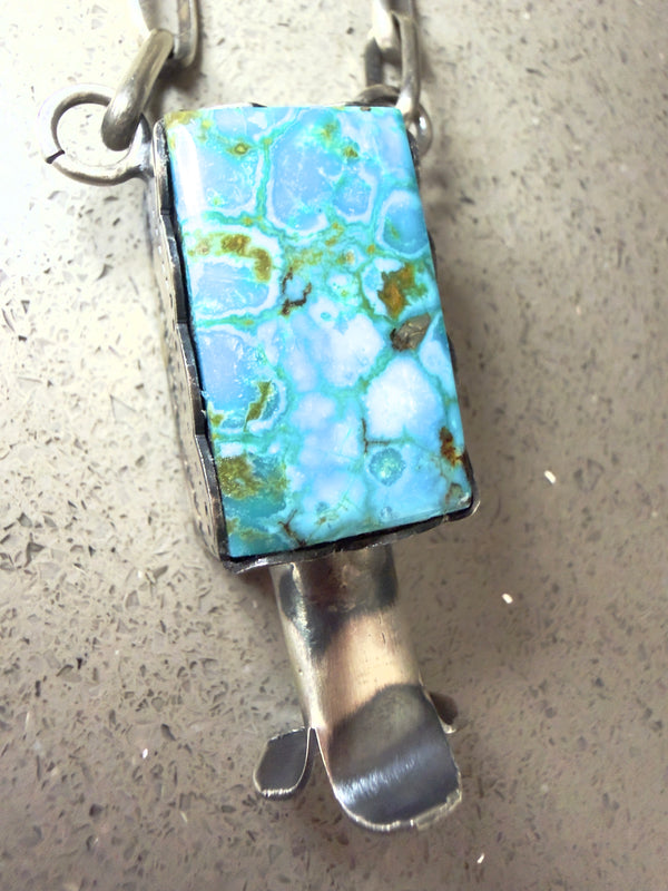 NATIVE HANDMADE LONE MOUNTAIN TURQUOISE SQUARE BLOSSOM NECKLACE BY WILBER MUSKET JR.  ADJUSTABLE 26" (NP 18)