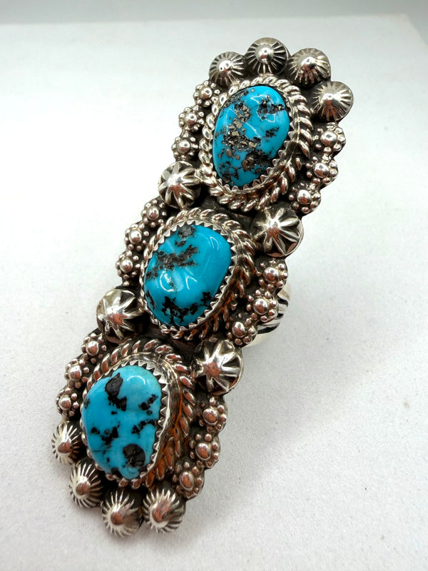 JASON LIVINGSTON TRIPLE MORENCI TURQUOISE CRAWLER NATIVE HANDMADE RING SIZE 9 2.5" (LA 6)