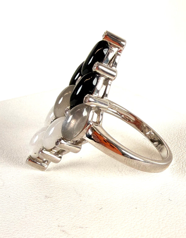 RAINBOW & GREY MOONSTONE WITH BLACK ONYX RING SIZE 8 (MW 379)