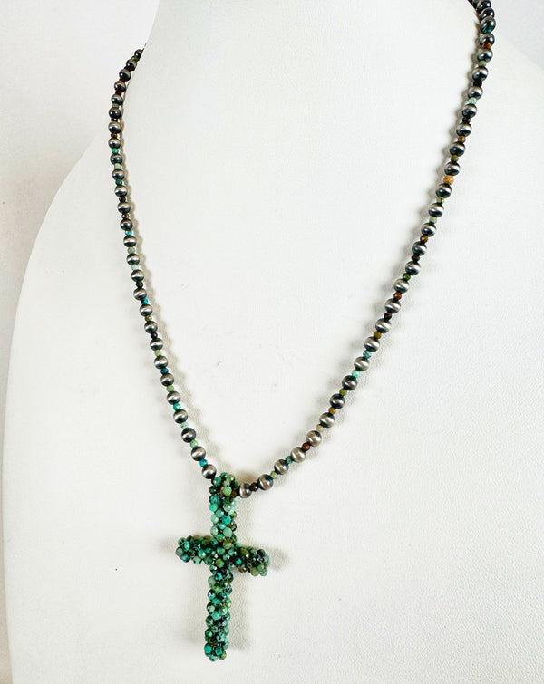 NAVAJO PEARLS BEADED CROSS NECKLACE 18-20"