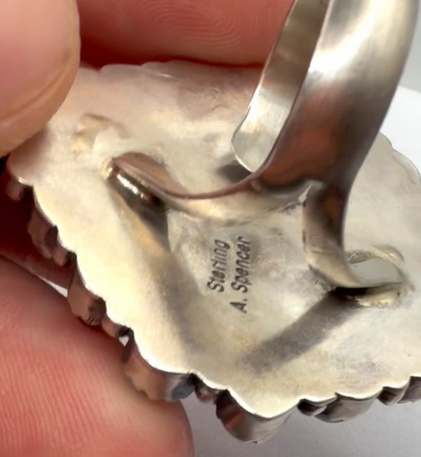 (RARE PIECE) ANNIE SPENCER MERCURY DIME MINE #8 & KINGMAN TURQUOISE CLUSTER 1940 ADJUSTABLE NATIVE HANDMADE RING (NP 29)