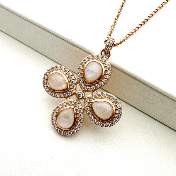RAINBOW MOONSTONE & WHITE SAPPHIRE CELESTIAL BLOOM NECKLACE BY HESPERA (16-22") (DF24)