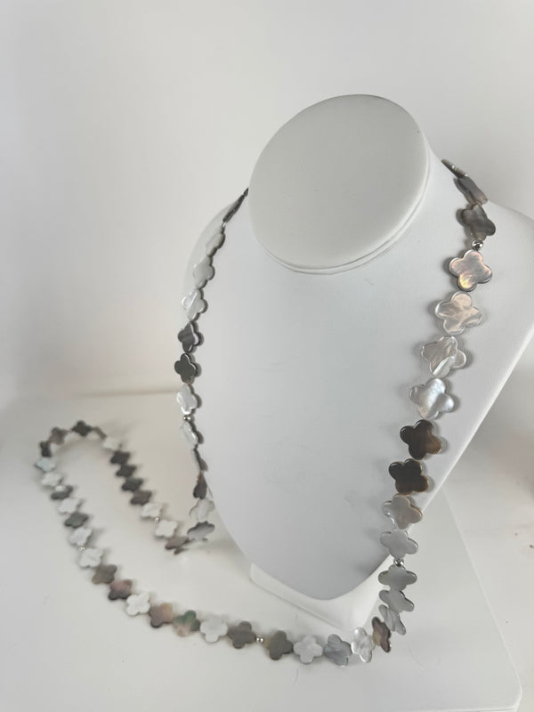 MOTHER OF PEARL CLOVER SHAPED BEADS STATEMENT NECKLACE 44" (VAN CLEEF INSPIRED) (MW 257)