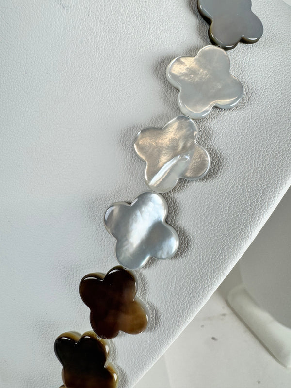 MOTHER OF PEARL CLOVER SHAPED BEADS STATEMENT NECKLACE 44" (VAN CLEEF INSPIRED) (MW 257)