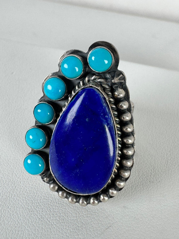 NATIVE HANDMADE SLEEPING BEAUTY TURQUOISE & LAPIS LAZULI RING SIZE 8 BY GILBERT PLATERO  (AH 11)