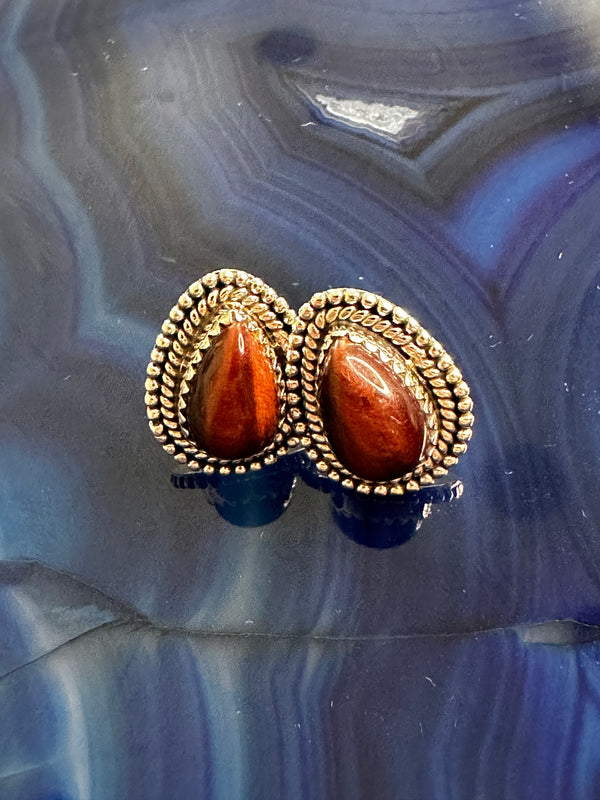 RED TIGER'S EYE DROP STUDS