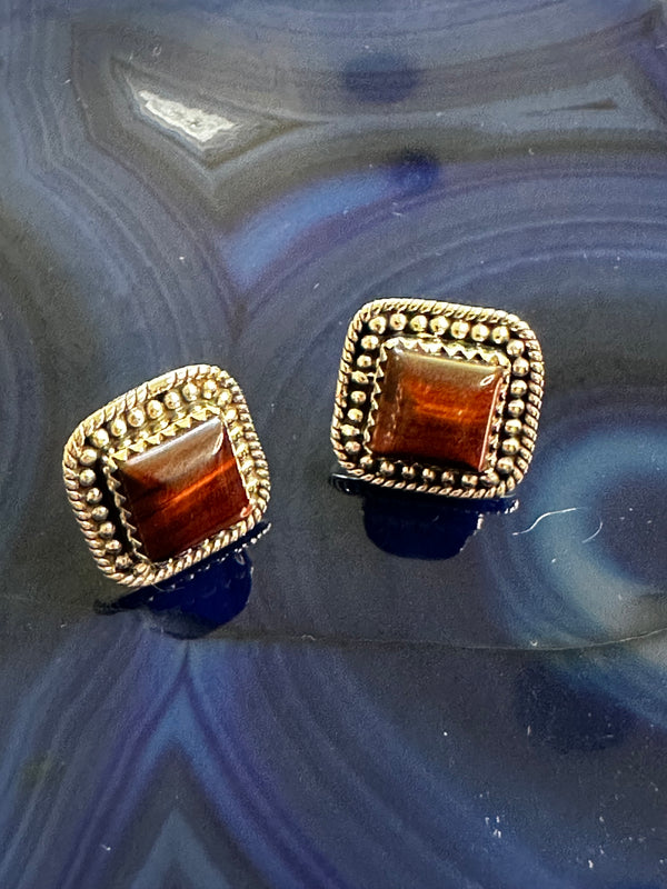 RED TIGER'S EYE SQUARE STUDS