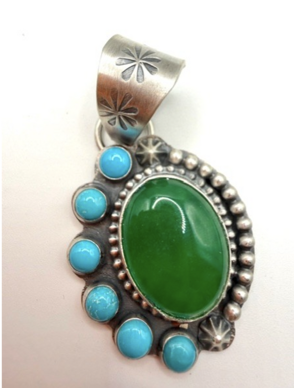 NATIVE HANDMADE GREEN JADE & SLEEPING BEAUTY TURQUOISE PENDANT SIGNED BY NED NEZ 2" (JR 77)