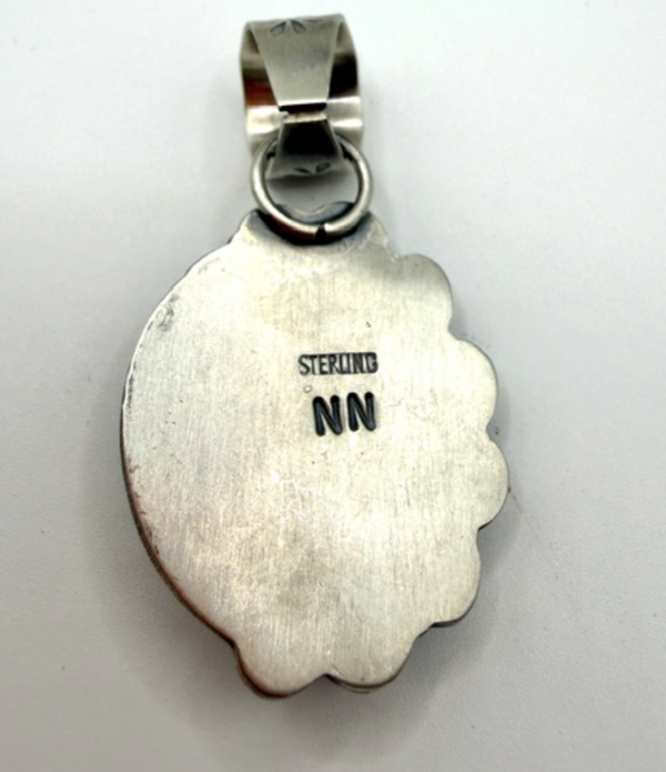 NATIVE HANDMADE GREEN JADE & SLEEPING BEAUTY TURQUOISE PENDANT SIGNED BY NED NEZ 2" (JR 77)